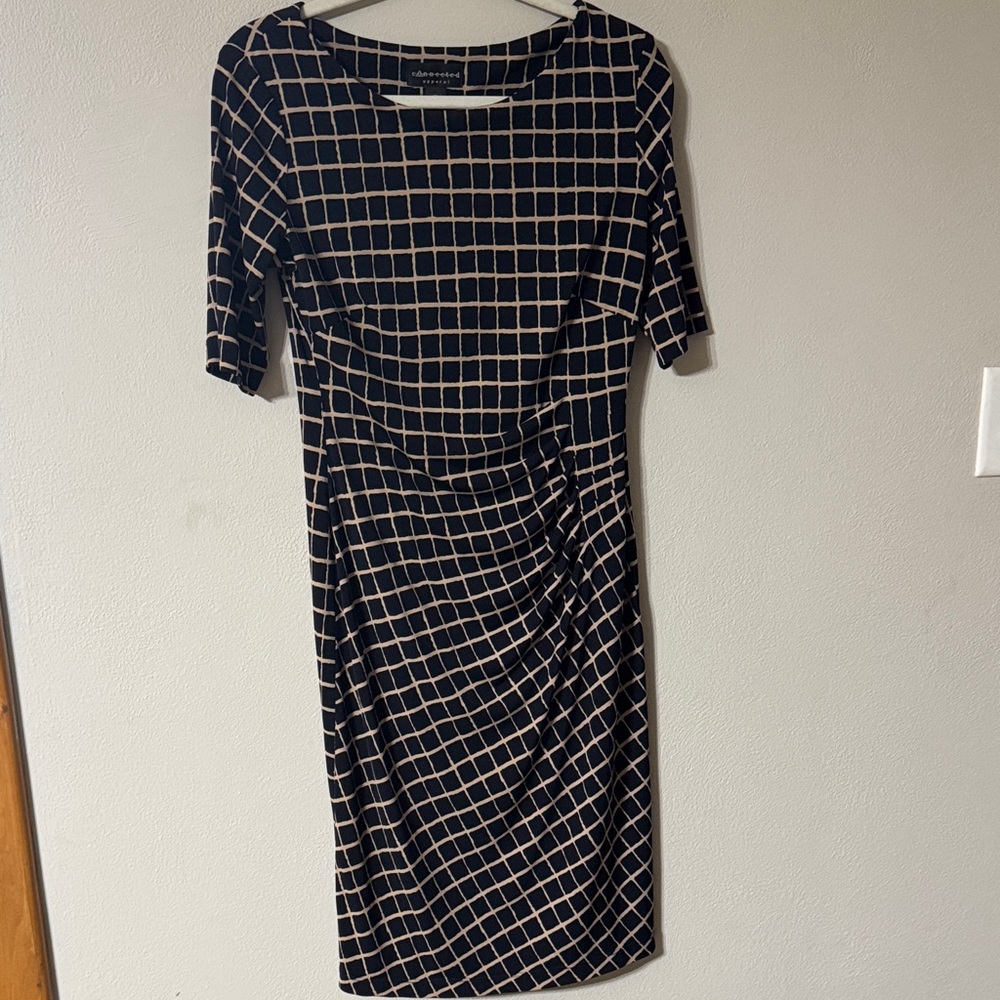 Connected Apparel Navy and Tan Grid Midi Dress